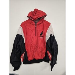 Vintage Blazer Jacket Mens Large Red Black Channahon Indians Hooded Pullover 90s